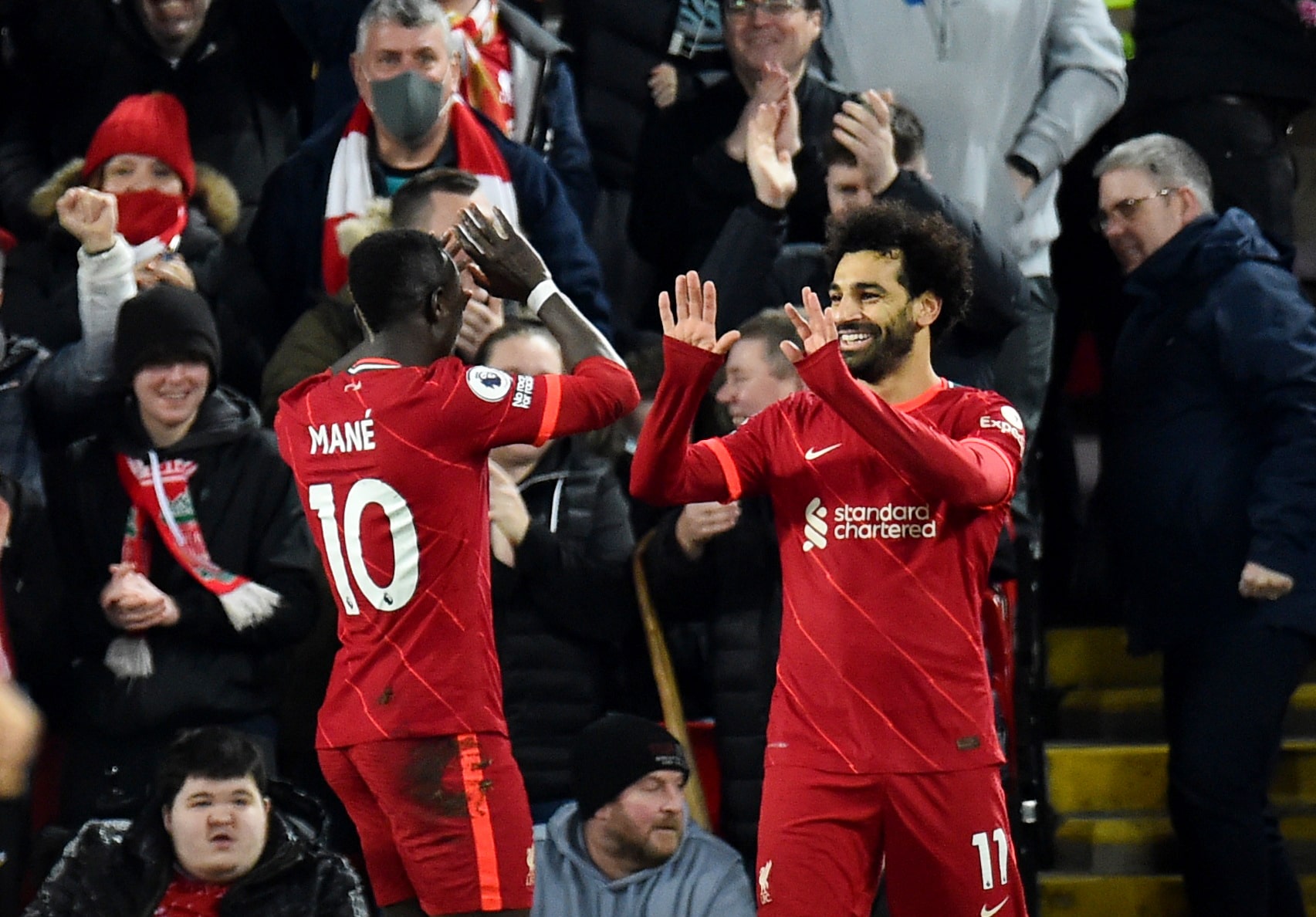  Liverpool's Mohamed Salah celebrates scoring against Burnley alongside teammate Sadio Mane during the Double Gameweek 34 of the Fantasy Premier League season.